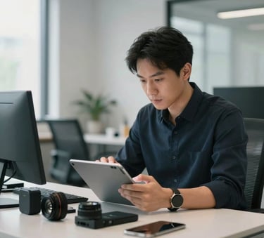 A focused professional in a modern North American office setting using a tablet to manage a fleet of mobile devices, with soft natural lighting and a clean desk.