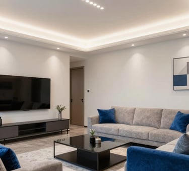 A wide-angle view of a contemporary North American / US living room with sophisticated recessed LED lighting, crisp off-white walls, and electric blue accents in the decor.