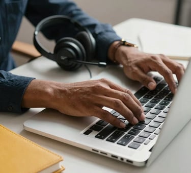 A close-up of a person typing on a laptop with a modern headset on a desk, a golden yellow notebook nearby, bright office setting, South American / Brazilian context.