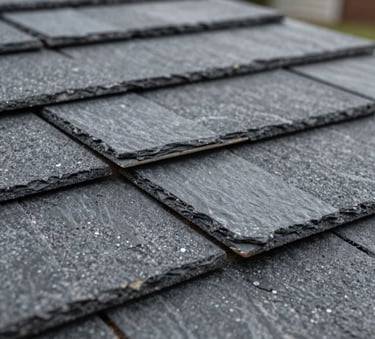 Macro photography focusing on the precise installation of dark slate gray roofing shingles on a North American residential home. The textures of the high-quality materials are sharp and detailed, conveying trust and reliability.