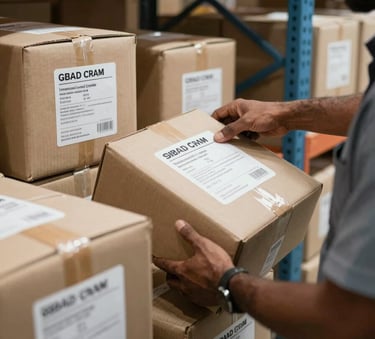 A close-up shot of a well-organized logistics warehouse in India, showing parcels labeled for international destinations with a focus on efficient processing and professional handling.