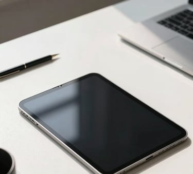 A modern tablet placed on a minimalist desk in a North American / US corporate workspace, surrounded by professional tools and soft morning light hitting Mist White surfaces.