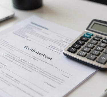 A close-up shot of professional financial documents and a calculator on a clean desk in a modern South American / Brazilian office, with soft lighting and slate blue accents.