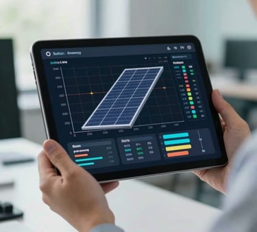 A high-tech digital tablet showing real-time solar energy production graphs, held by a professional in a modern North American / US office setting with bright, natural lighting and teal accents.