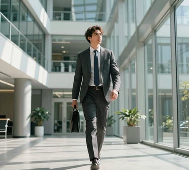 A professional individual in modern attire walking through a sunlit, contemporary glass atrium of a North American office building, representing confidence and movement toward financial goals.