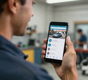 A close-up photograph of a professional Mexican mechanic in a clean workshop, smiling while holding a smartphone, displaying a modern service interface. The lighting is bright and natural, emphasizing a trustworthy and accessible atmosphere.
