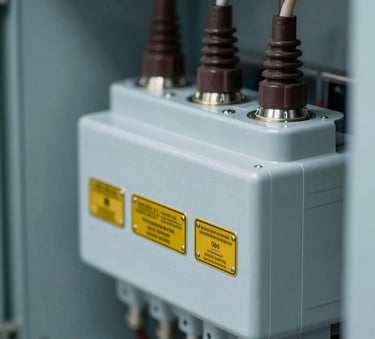 Extreme close-up of high-voltage electrical components and wiring inside a power cabinet, showcasing precision engineering, clean minimalist industrial aesthetic, with soft grey-blue metallic surfaces and security golden yellow safety labels.
