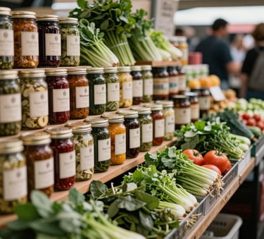 A vibrant display at a high-end North American food market featuring rows of artisanal jars and fresh greens, natural lighting, deep depth of field, sophisticated lifestyle photography.