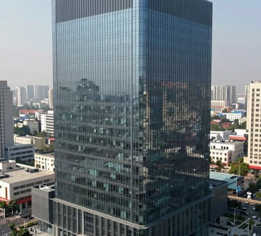 A high-angle, wide shot of a modern glass-facade commercial business park in Faridabad. The lighting is bright and clear, emphasizing the sharp lines of the architecture. The color palette incorporates the deep blues and grays of the brand, reflecting stability and growth.
