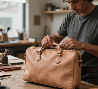 A sophisticated photograph of a South American artisan in a modern workshop, focused on assembling a leather briefcase, soft natural light reflecting off the sand-colored leather material.