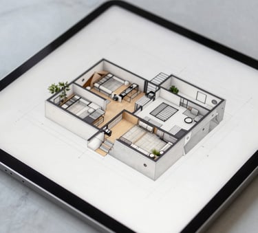 A close-up shot of a high-resolution tablet displaying a 3D architectural remodeling plan, sitting on a light pearl gray marble surface with soft natural lighting.