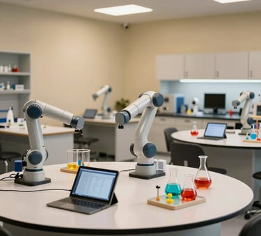 An inspiring modern laboratory environment in an International / Global setting, showcasing friendly robotic setups, tablet workstations, and educational science models arranged neatly on minimalist rounded tables under warm lighting.