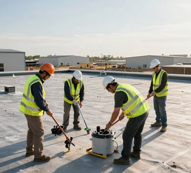 A professional North American commercial roofing team inspecting a large flat roof surface. They are using industrial tools and wearing safety vests. The background shows a clean, organized construction site with industrial buildings under a bright morning sky.