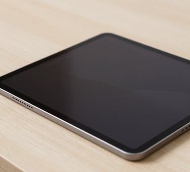 A close-up photograph of a clean, modern digital interface displayed on a high-end tablet, sitting on a light sand beige wooden desk in a bright North American / European studio, soft editorial lighting.
