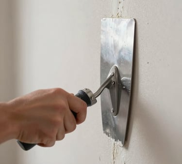 A close-up photograph of a skilled craftsman's hands using a professional trowel to apply joint compound to a drywall seam in a modern North American / US home. The lighting is crisp, highlighting the smooth texture and the brand's steel grey and off-white color palette.