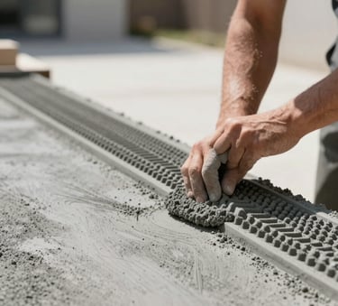Close-up of a professional craftsman applying a texture mold to fresh colored concrete in a modern courtyard. The lighting is bright and clear, highlighting the intricate patterns of the matrite. Palette includes tones of #2E3A3A and #AEB9B4.