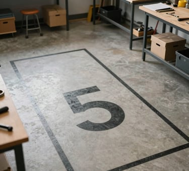 An organized, minimalist workshop interior in Texas showing clear floor markings and well-arranged tools, emphasizing the 5S methodology and operational efficiency.