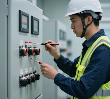 A professional electrical engineer wearing a safety helmet and reflective vest, inspecting a large industrial control panel with precision tools. The environment is a clean, modern facility with lighting in steel blue and deep navy tones.