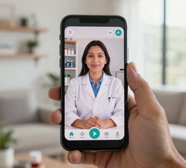 A close-up of a hand in a South American home holding a smartphone showing a video call interface with a professional pharmacist, bright and clean indoor lighting.