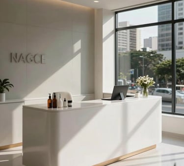 Photography of a modern and luxurious aesthetic clinic reception in a South American / Brazilian city, minimalist white furniture, soft natural lighting, high-end professional atmosphere.