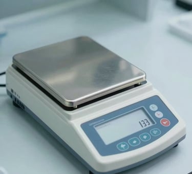 A high-angle photography shot of a precision digital scale in a minimalist laboratory, with soft light reflecting off clean glass surfaces and a palette of muted teal and off-white. Global Business / Professional.