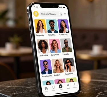 A high-end, close-up photograph of a smartphone showing a vibrant, stylish social media advertisement. The setting is a sophisticated urban lounge with soft, warm golden lighting and black marble surfaces in a North American / Global environment.