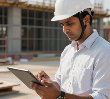 A professional civil engineer in a white hard hat reviewing architectural plans on a tablet at a sunny construction site in South Asia, shallow depth of field, modern aesthetic.