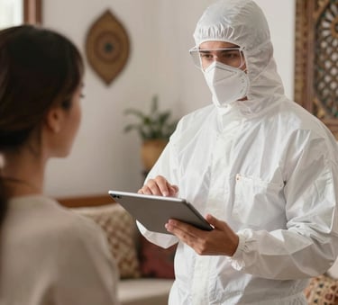 A professional technician in white protective gear holding a tablet and explaining the treatment plan to a homeowner in a bright Moroccan living room with traditional decor.