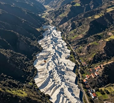 Aerial survey photograph of a lush Spanish / Latin American valley being mapped, showing clear geographical detail and precise composition. The sun is at a low angle, highlighting topographical features in steel blue and off-white tones, conveying professional accuracy.