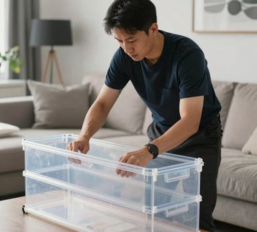 A technician in professional work attire setting up a clear, high-quality plastic containment barrier in a modern Canadian living room. The composition is clean and focused on professional standards.