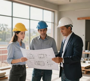 Professional architects and builders reviewing blueprints in a bright, modern South American construction site, elegant aesthetic, soft daylight.