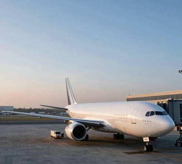 A sleek, wide-angle photograph of a modern air cargo hub at dawn, showing a professional logistics environment in a global international setting. The scene features soft light blue morning light and deep navy shadows, conveying efficiency and reach.