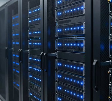 Photography of a modern and clean data center in South America, featuring racks of servers with blue LED indicator lights, highlighting a professional and authoritative atmosphere in information technology.