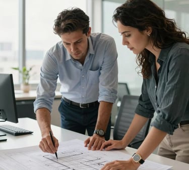 A professional architectural consultation taking place in a bright, modern office in South American / Brazilian setting, showing a architect and a client reviewing blueprints on a large white table, soft natural daylight, high-end professional atmosphere.