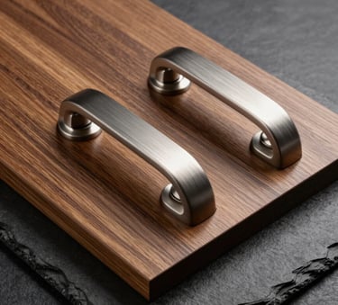 Professional studio photography of high-quality wood grain panels and brushed steel door handles on a dark slate surface, sophisticated lighting.
