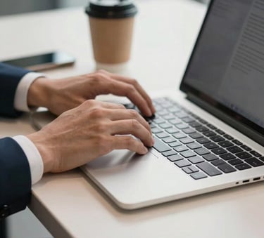 A close-up photograph of a professional person's hands using a laptop in a bright, modern office space. The scene features a clean desk with a smartphone and a coffee cup, with Steel Blue and Soft Off-white tones in the background, conveying efficiency.