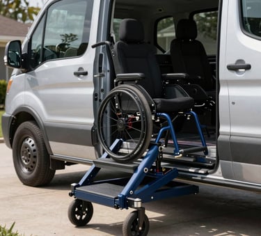 A detailed close-up of a high-tech vehicle wheelchair lift installed in a silver van, parked in a sunny North American / US suburban driveway. The atmosphere is professional and reliable, featuring Slate and Navy Blue metallic details.