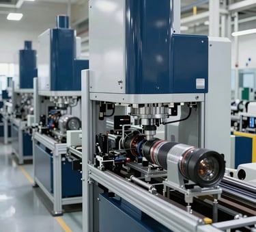A wide-angle professional photograph of a state-of-the-art automated manufacturing line in a North American facility. The scene is bright and clean, featuring machinery in steel blue and deep navy accents with precise industrial lighting.