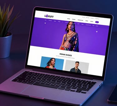 A professional high-end laptop display showing a luxury ecommerce website for Indian fashion, reflecting a vibrant purple and neon blue glow in a glassmorphism workspace.