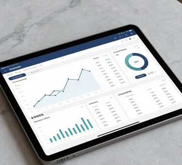 A digital tablet displaying a clean financial dashboard with professional data visualizations, placed on a marble tabletop in a North American / US setting, Dark Blue and Off-white palette.
