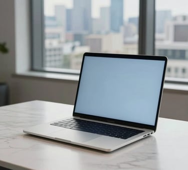 A high-end, sleek laptop sitting on a minimalist white marble desk, soft morning light filtering through a large window, a view of a modern urban skyline in the distance, Global / Francophone style, sophisticated and professional atmosphere with tones of light blue and off-white.
