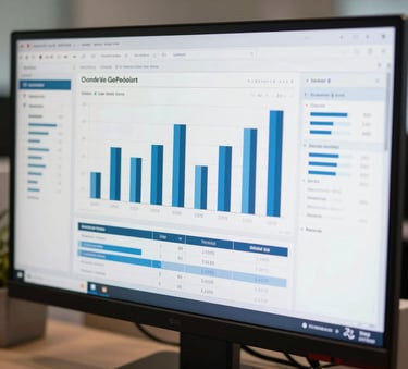 A close-up photograph of a modern computer monitor displaying a clean administrative dashboard with bar charts and data tables in shades of dark blue and light blue, set in a professional office in Latinoamericano region.
