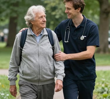 Photography of a friendly assistant accompanying an elderly person for a walk in a lush green Northern European / Dutch park. The mood is supportive and professional, featuring soft natural light.