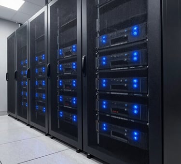 Clean, wide-angle photography of a secure, modern server room in the US, with glowing medium blue indicators and a sense of high-tech efficiency.