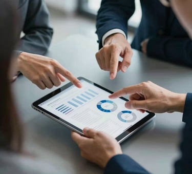 A close-up of a collaborative strategy session between professionals in a modern North American / US office, hands pointing at a tablet screen displaying clean analytic design layouts, Muted Steel Blue and Dark Slate Navy color tones, soft natural lighting.