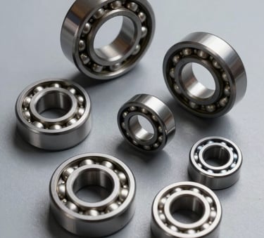 A top-down, minimalist studio shot of several high-precision industrial bearings of different sizes arranged on a smooth Cloud Gray surface. The lighting is sharp, highlighting the metallic texture and Steel Blue reflections on the steel surfaces, conveying professionalism.