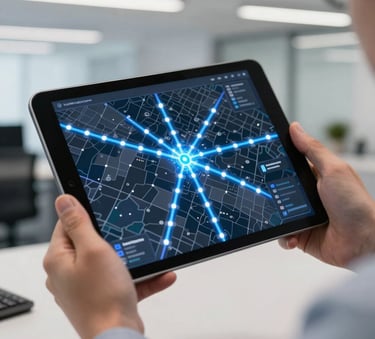 A close-up of a high-tech digital tablet showing a logistics map with glowing blue routes, held by a professional in a modern international office setting, bright and clean lighting.
