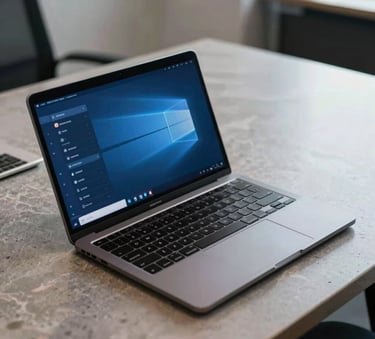 A high-detail photography shot of a sleek, dark-finished laptop on a polished stone desk in a modern North American office, the screen displaying a secure blue interface.