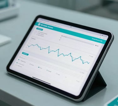 A close-up of a tablet displaying a clean medical interface with health charts, placed on a modern desk in a South American / Brazilian clinic, soft turquoise and teal lighting.