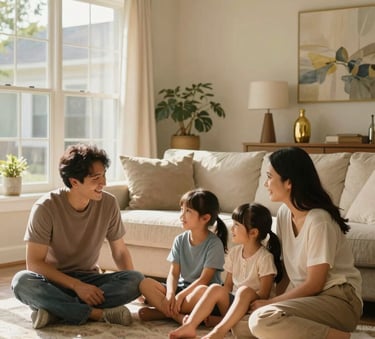 A happy family relaxing together in a sunlit North American / US suburban home, reflecting the security of personal health and life insurance, with warm gold accents in the decor.